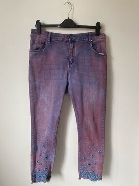 Frank Lyman Design Purple-Pink Tie-Dye Ankle Jeans with Embroidered Eyelets